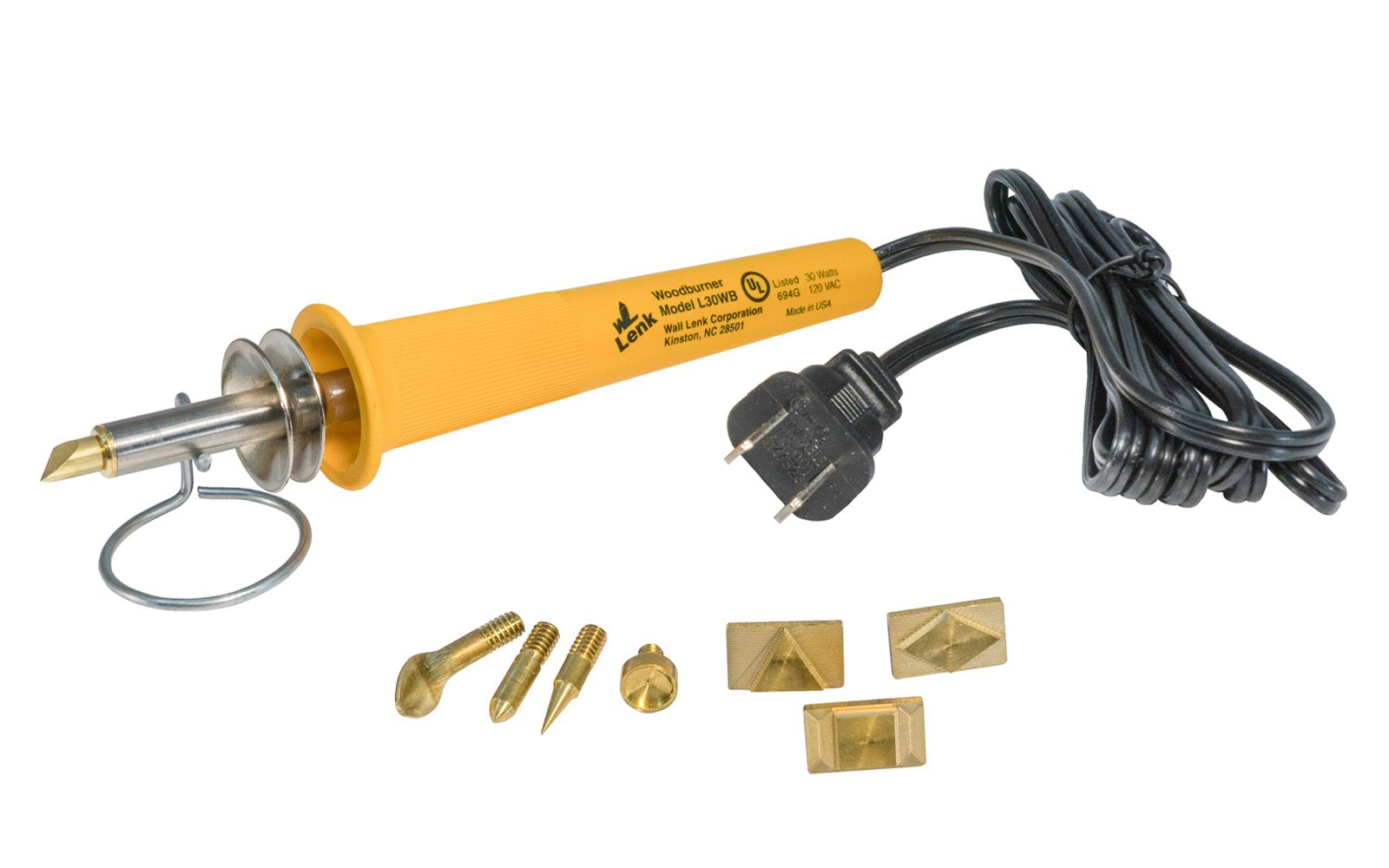 WL Lenk ~ Wall Lenk - Model L30BBK ~ Made in USA ~ Woodburning Tool Kit 30 watts ~ With Box ~ 4 woodburning tips: All-Purpose Tip, Script Point, Shading Point, & Dot Point - Point temperatures up to 1050° F that burns wood faster & darker - 4 branding tips: Square Point, Circle Point, Diamond Point, & Triangle Point - 048491101561