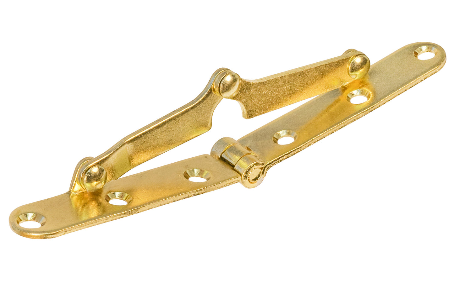 A slant top hinge for use on drop doors on desks, secretary desks, lids, & other uses too. Made of steel material with a plated brass finish. These hinges may also be used with regular lid supports for added extra strength as well. A classic & traditional style desk & lid hinge. 
