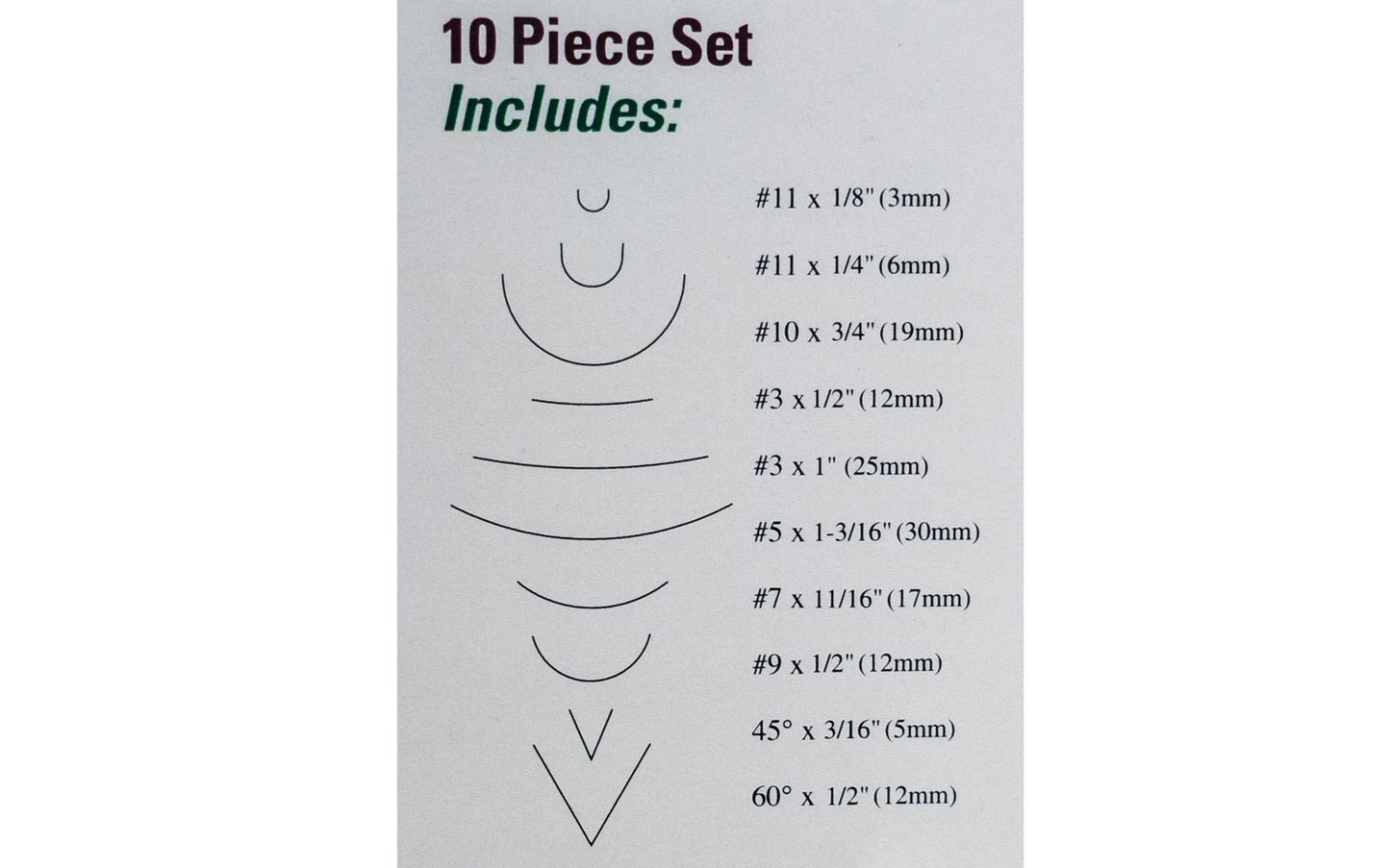 Flexcut Deluxe Mallet Carving Set ~ MC100 - Mallet Tools included: MC203 #3 x 1/2", MC403 #3 x 1", MC505 #5 x 1-3/16", MC307 #7 x 11/16", MC309 #9 x 1/2", MC511 #10 x 3/4", MC211 #11 x 1/8", MC311 #11 x 1/4", MC245 45 deg. x 3/16", MC460 60 deg. x 1/2"  - High Carbon Steel blades - Mallet Carving Tool Set - Made in USA