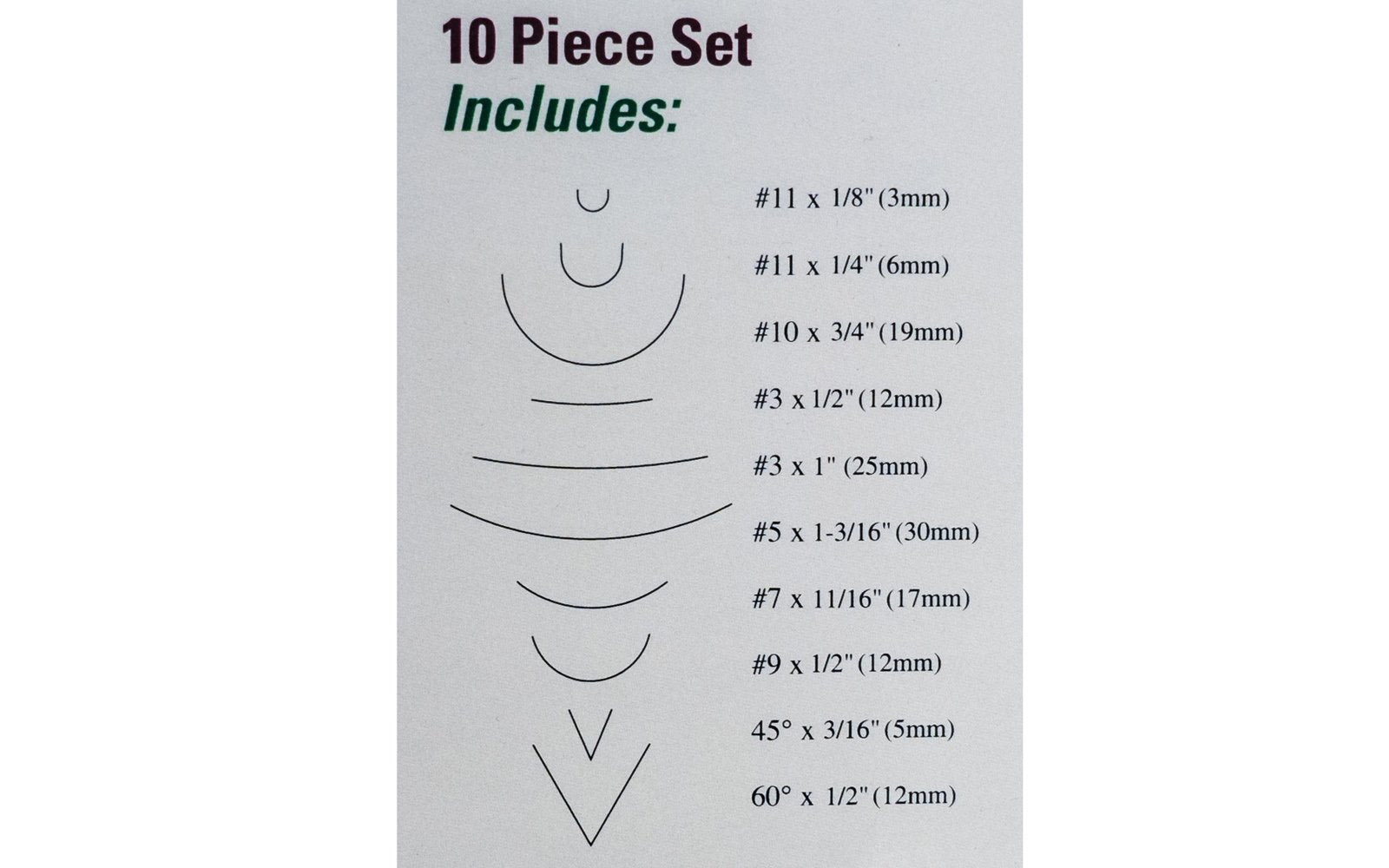 Flexcut Deluxe Mallet Carving Set ~ MC100 - Mallet Tools included: MC203 #3 x 1/2", MC403 #3 x 1", MC505 #5 x 1-3/16", MC307 #7 x 11/16", MC309 #9 x 1/2", MC511 #10 x 3/4", MC211 #11 x 1/8", MC311 #11 x 1/4", MC245 45 deg. x 3/16", MC460 60 deg. x 1/2"  - High Carbon Steel blades - Mallet Carving Tool Set - Made in USA