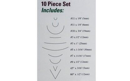 Flexcut Deluxe Mallet Carving Set ~ MC100 - Mallet Tools included: MC203 #3 x 1/2", MC403 #3 x 1", MC505 #5 x 1-3/16", MC307 #7 x 11/16", MC309 #9 x 1/2", MC511 #10 x 3/4", MC211 #11 x 1/8", MC311 #11 x 1/4", MC245 45 deg. x 3/16", MC460 60 deg. x 1/2"  - High Carbon Steel blades - Mallet Carving Tool Set - Made in USA