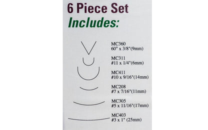 Flexcut Mallet Carving Set ~ MC150 - Mallet Tools included: MC403 #3 x 1", MC305 #5 x 11/16", MC208 #7 x 7/16", MC311 #11 x 1/4", MC411 #10 x 9/16", MC360 60 deg. x 3/8"  - High Carbon Steel blades - Mallet Carving Tool Set - Made in USA