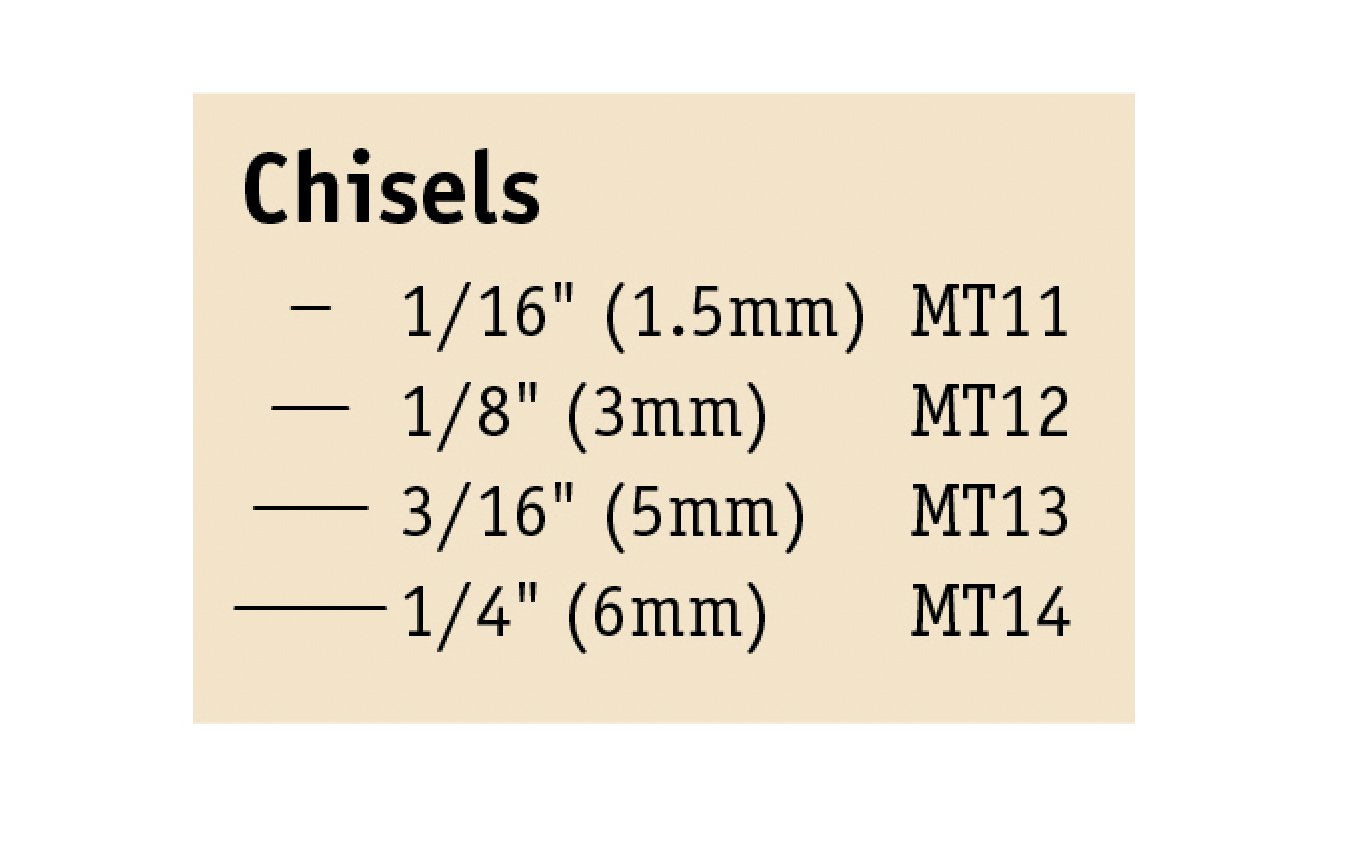 Flexcut Chisel Micro Tool Carving Set ~ MT100 - Made in USA ~ 4-piece Set ~ Blades are made of High Carbon Spring Steel, Tempered to HRC 59-61. The cutting edges are hand honed & polished ~ Micro Chisels ~ Set includes 1/16" (1.5mm) - 1/8" (3mm) - 3/16" (5mm) - 1/4" (6mm) Sizes - Excellent for miniature & extra fine detail carving work