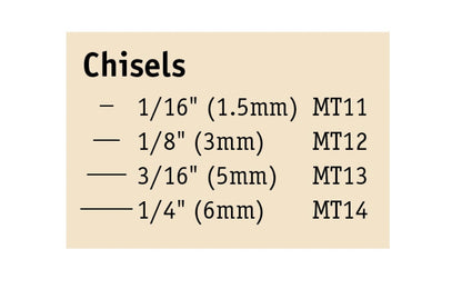 Flexcut Chisel Micro Tool Carving Set ~ MT100 - Made in USA ~ 4-piece Set ~ Blades are made of High Carbon Spring Steel, Tempered to HRC 59-61. The cutting edges are hand honed & polished ~ Micro Chisels ~ Set includes 1/16" (1.5mm) - 1/8" (3mm) - 3/16" (5mm) - 1/4" (6mm) Sizes - Excellent for miniature & extra fine detail carving work