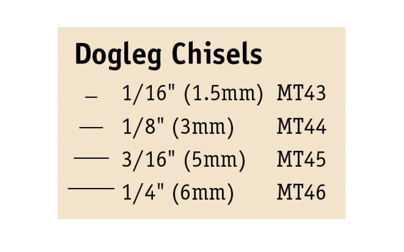 Flexcut Dogleg Chisel Micro Tool Carving Set ~ MT150 - Made in USA ~ 4-piece Set ~ Blades are made of High Carbon Spring Steel, Tempered to HRC 59-61. The cutting edges are hand honed & polished ~ Micro Chisels ~ 4-piece set - Includes 1/16" (1.5mm) - 1/8" (3mm) - 3/16" (5mm) - 1/4" (6mm)  Sizes - Excellent for miniature & extra fine detail carving work