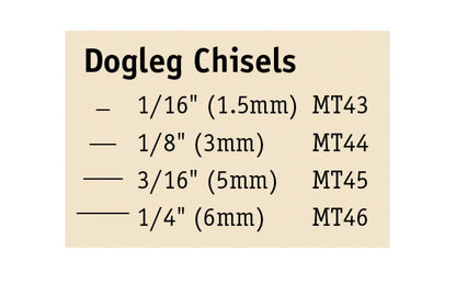 Flexcut Dogleg Chisel Micro Tool Carving Set ~ MT150 - Made in USA ~ 4-piece Set ~ Blades are made of High Carbon Spring Steel, Tempered to HRC 59-61. The cutting edges are hand honed & polished ~ Micro Chisels ~ 4-piece set - Includes 1/16" (1.5mm) - 1/8" (3mm) - 3/16" (5mm) - 1/4" (6mm)  Sizes - Excellent for miniature & extra fine detail carving work