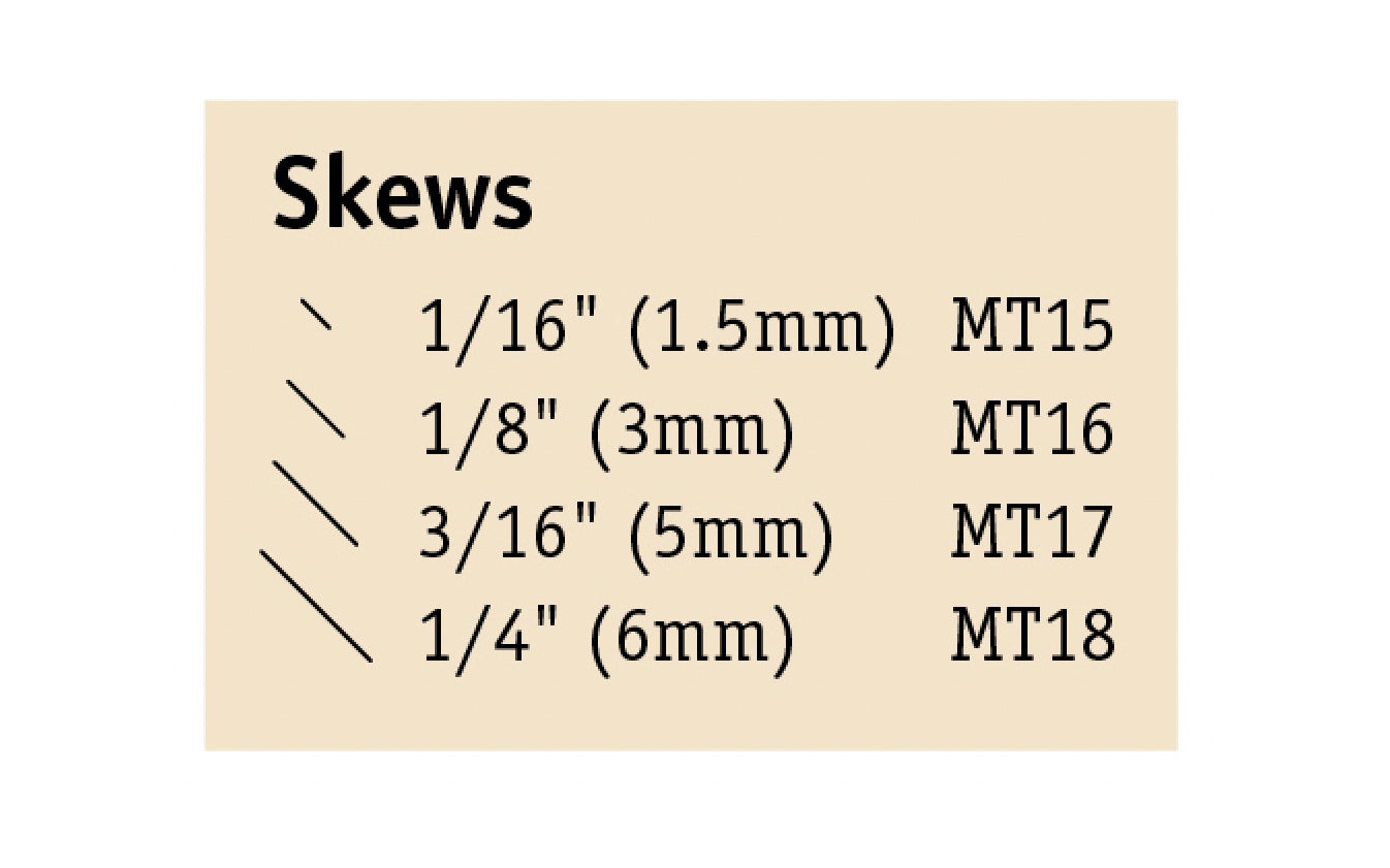 Flexcut Skew Micro Tool Carving Set ~ MT200 - Made in USA ~ 4-piece Set ~ Blades are made of High Carbon Spring Steel, Tempered to HRC 59-61. The cutting edges are hand honed & polished ~ Micro Chisels ~ Set includes 1/16" (1.5mm) - 1/8" (3mm) - 3/16" (5mm) - 1/4" (6mm) Skews - Excellent for miniature & extra fine detail carving work