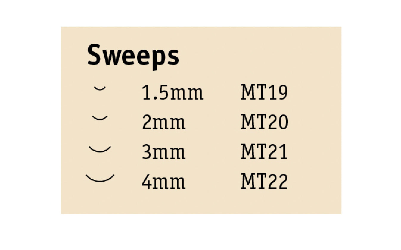 Flexcut Sweeps Micro Tool Carving Set ~ MT300 - Made in USA ~ 4-piece Set ~ Blades are made of High Carbon Spring Steel, Tempered to HRC 59-61. The cutting edges are hand honed & polished ~ Micro Chisels ~ Set includes Includes 1.5mm - 2mm - 3mm - 4mm  Sweeps - Excellent for miniature & extra fine detail carving work