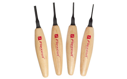 Flexcut Sweeps Micro Tool Carving Set ~ MT300 - Made in USA ~ 4-piece Set ~ Blades are made of High Carbon Spring Steel, Tempered to HRC 59-61. The cutting edges are hand honed & polished ~ Micro Chisels ~ Set includes Includes 1.5mm - 2mm - 3mm - 4mm  Sweeps - Excellent for miniature & extra fine detail carving work ~ 651646303002