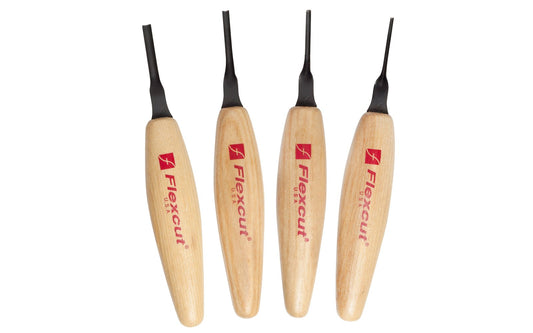 Flexcut Sweeps Micro Tool Carving Set ~ MT300 - Made in USA ~ 4-piece Set ~ Blades are made of High Carbon Spring Steel, Tempered to HRC 59-61. The cutting edges are hand honed & polished ~ Micro Chisels ~ Set includes Includes 1.5mm - 2mm - 3mm - 4mm  Sweeps - Excellent for miniature & extra fine detail carving work ~ 651646303002