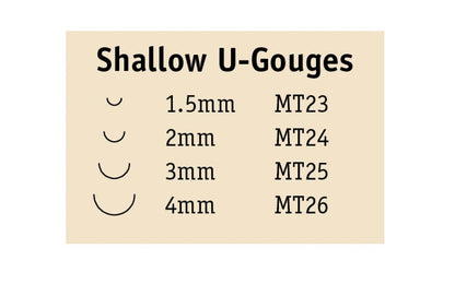 Flexcut Shallow U-Gouge Micro Tool Carving Set ~ MT400 - Made in USA ~ 4-piece Set ~ Blades are made of High Carbon Spring Steel, Tempered to HRC 59-61. The cutting edges are hand honed & polished ~ Micro Chisels ~ 4-piece set - Includes 1.5mm - 2mm - 3mm - 4mm  Size Gouges - Mini U Gouge Set - Excellent for miniature & extra fine detail carving work