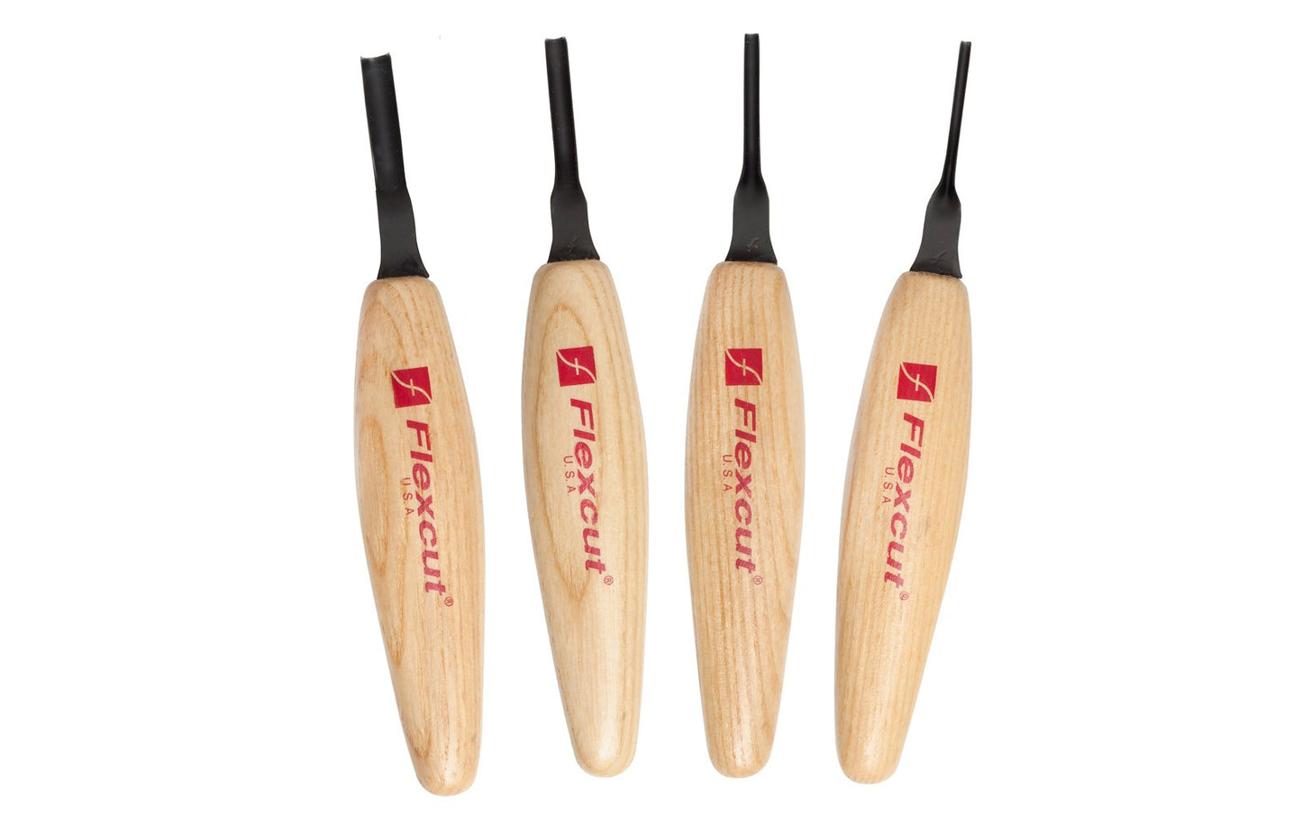 Flexcut Shallow U-Gouge Micro Tool Carving Set ~ MT400 - Made in USA ~ 4-piece Set ~ Blades are made of High Carbon Spring Steel, Tempered to HRC 59-61. The cutting edges are hand honed & polished ~ Micro Chisels ~ 4-piece set - Includes 1.5mm - 2mm - 3mm - 4mm  Size Gouges - Mini U Gouge Set - Excellent for miniature & extra fine detail carving work