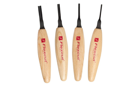 Flexcut Shallow U-Gouge Micro Tool Carving Set ~ MT400 - Made in USA ~ 4-piece Set ~ Blades are made of High Carbon Spring Steel, Tempered to HRC 59-61. The cutting edges are hand honed & polished ~ Micro Chisels ~ 4-piece set - Includes 1.5mm - 2mm - 3mm - 4mm  Size Gouges - Mini U Gouge Set - Excellent for miniature & extra fine detail carving work