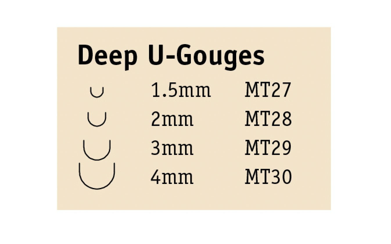 Flexcut Deep U-Gouge Micro Tool Carving Set ~ MT500 - Made in USA ~ 4-piece Set ~ Blades are made of High Carbon Spring Steel, Tempered to HRC 59-61. The cutting edges are hand honed & polished ~ Micro Chisels ~ 4-piece set - Includes 1.5mm - 2mm - 3mm - 4mm  Size Gouges - Mini U Gouge Set - Excellent for miniature & extra fine detail carving work