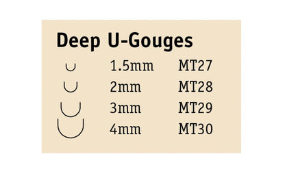 Flexcut Deep U-Gouge Micro Tool Carving Set ~ MT500 - Made in USA ~ 4-piece Set ~ Blades are made of High Carbon Spring Steel, Tempered to HRC 59-61. The cutting edges are hand honed & polished ~ Micro Chisels ~ 4-piece set - Includes 1.5mm - 2mm - 3mm - 4mm  Size Gouges - Mini U Gouge Set - Excellent for miniature & extra fine detail carving work