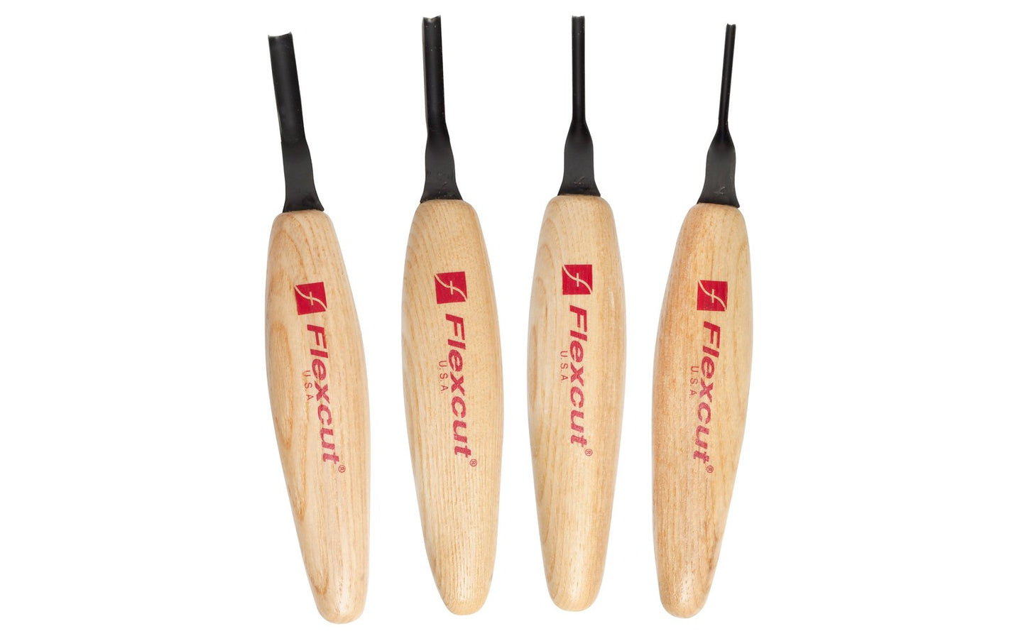 Flexcut Deep U-Gouge Micro Tool Carving Set ~ MT500 - Made in USA ~ 4-piece Set ~ Blades are made of High Carbon Spring Steel, Tempered to HRC 59-61. The cutting edges are hand honed & polished ~ Micro Chisels ~ 4-piece set - Includes 1.5mm - 2mm - 3mm - 4mm  Size Gouges - Mini U Gouge Set - Excellent for miniature & extra fine detail carving work ~ 651646305006
