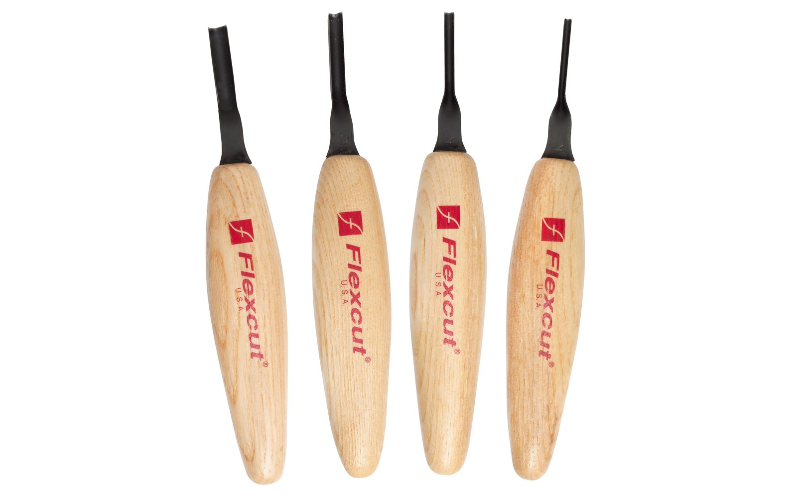 Flexcut Deep U-Gouge Micro Tool Carving Set ~ MT500 - Made in USA ~ 4-piece Set ~ Blades are made of High Carbon Spring Steel, Tempered to HRC 59-61. The cutting edges are hand honed & polished ~ Micro Chisels ~ 4-piece set - Includes 1.5mm - 2mm - 3mm - 4mm  Size Gouges - Mini U Gouge Set - Excellent for miniature & extra fine detail carving work ~ 651646305006
