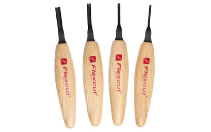 Flexcut Deep U-Gouge Micro Tool Carving Set ~ MT500 - Made in USA ~ 4-piece Set ~ Blades are made of High Carbon Spring Steel, Tempered to HRC 59-61. The cutting edges are hand honed & polished ~ Micro Chisels ~ 4-piece set - Includes 1.5mm - 2mm - 3mm - 4mm  Size Gouges - Mini U Gouge Set - Excellent for miniature & extra fine detail carving work ~ 651646305006