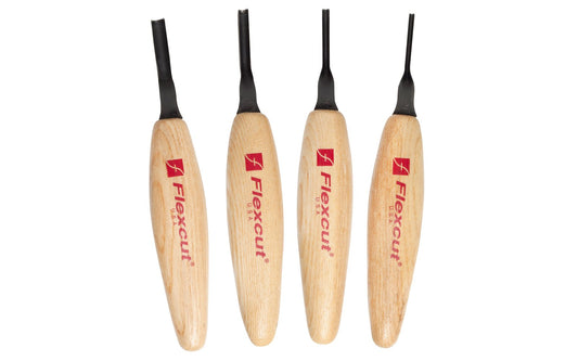 Flexcut Deep U-Gouge Micro Tool Carving Set ~ MT500 - Made in USA ~ 4-piece Set ~ Blades are made of High Carbon Spring Steel, Tempered to HRC 59-61. The cutting edges are hand honed & polished ~ Micro Chisels ~ 4-piece set - Includes 1.5mm - 2mm - 3mm - 4mm  Size Gouges - Mini U Gouge Set - Excellent for miniature & extra fine detail carving work ~ 651646305006