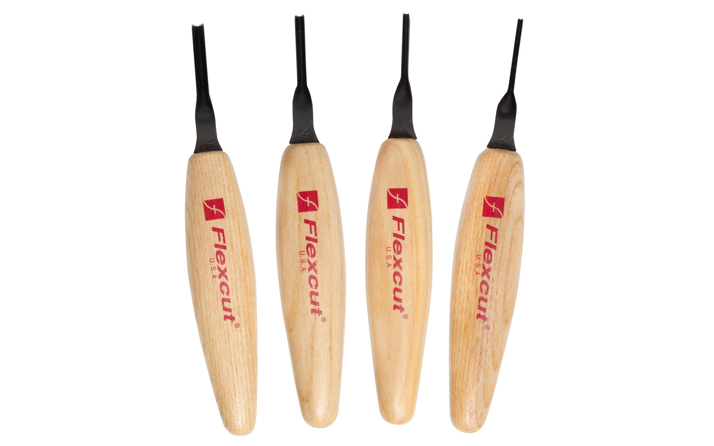 Flexcut 45° Parting Micro Tool Carving Set ~ MT600 - Made in USA ~ 4-piece Set ~ Blades are made of High Carbon Spring Steel, Tempered to HRC 59-61. The cutting edges are hand honed & polished ~ Micro Chisels ~ 4-piece set - Includes 1.5mm - 2mm - 3mm - 4mm  sizes - Excellent for miniature & extra fine detail carving work ~ 651646306003