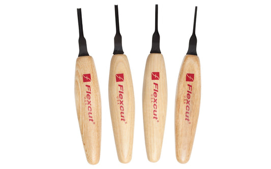 Flexcut 60° Parting Micro Tool Carving Set ~ MT700 - Made in USA ~ 4-piece Set ~ Blades are made of High Carbon Spring Steel, Tempered to HRC 59-61. The cutting edges are hand honed & polished ~ Micro Chisels ~ 4-piece set - Includes 1.5mm - 2mm - 3mm - 4mm  sizes - Excellent for miniature & extra fine detail carving work ~ 651646307000