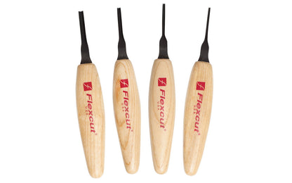Flexcut 90° Parting Micro Tool Carving Set ~ MT800 - Made in USA ~ 4-piece Set ~ Blades are made of High Carbon Spring Steel, Tempered to HRC 59-61. The cutting edges are hand honed & polished ~ Micro Chisels ~ 4-piece set - Includes 1.5mm - 2mm - 3mm - 4mm  sizes - Excellent for miniature & extra fine detail carving work ~ 651646308007