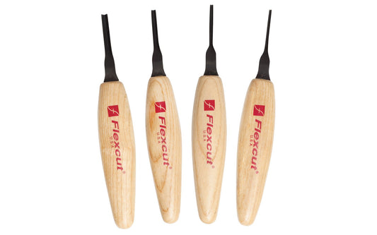 Flexcut 90° Parting Micro Tool Carving Set ~ MT800 - Made in USA ~ 4-piece Set ~ Blades are made of High Carbon Spring Steel, Tempered to HRC 59-61. The cutting edges are hand honed & polished ~ Micro Chisels ~ 4-piece set - Includes 1.5mm - 2mm - 3mm - 4mm  sizes - Excellent for miniature & extra fine detail carving work ~ 651646308007