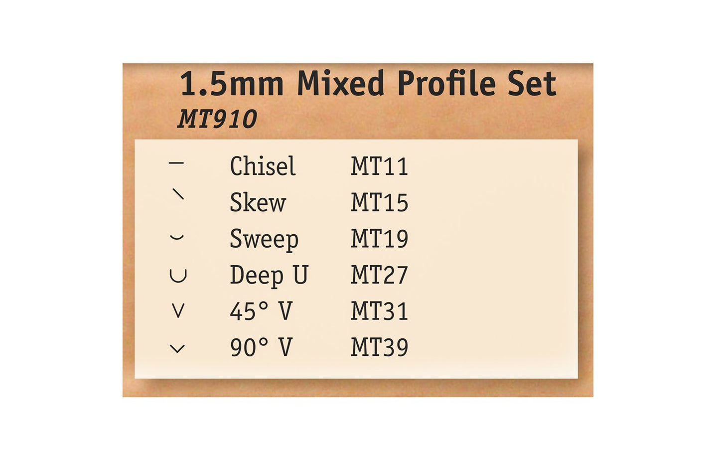 Flexcut 1.5 mm Mixed Profile Micro Tool Carving Set ~ MT910 - Made in USA ~ 6-piece Set ~ Blades are made of High Carbon Spring Steel, Tempered to HRC 59-61. The cutting edges are hand honed & polished ~ Micro Chisels ~ 6-piece set - 6-piece set - Includes Chisel, Skew, Sweep, Deep U-Gouge, 45° V-Tool, & 90° V-Tool - Excellent for miniature & extra fine detail carving work