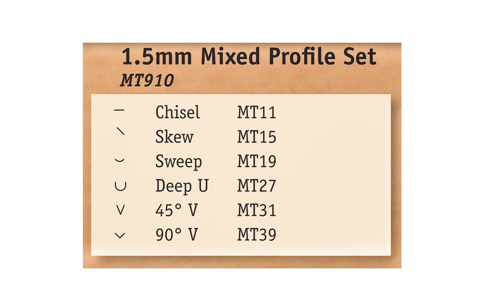 Flexcut 1.5 mm Mixed Profile Micro Tool Carving Set ~ MT910 - Made in USA ~ 6-piece Set ~ Blades are made of High Carbon Spring Steel, Tempered to HRC 59-61. The cutting edges are hand honed & polished ~ Micro Chisels ~ 6-piece set - 6-piece set - Includes Chisel, Skew, Sweep, Deep U-Gouge, 45° V-Tool, & 90° V-Tool - Excellent for miniature & extra fine detail carving work