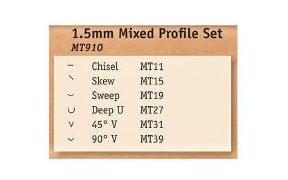 Flexcut 1.5 mm Mixed Profile Micro Tool Carving Set ~ MT910 - Made in USA ~ 6-piece Set ~ Blades are made of High Carbon Spring Steel, Tempered to HRC 59-61. The cutting edges are hand honed & polished ~ Micro Chisels ~ 6-piece set - 6-piece set - Includes Chisel, Skew, Sweep, Deep U-Gouge, 45° V-Tool, & 90° V-Tool - Excellent for miniature & extra fine detail carving work