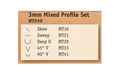 Flexcut 3 mm Mixed Profile Micro Tool Carving Set ~ MT930 - Made in USA ~ 5-piece Set ~ Blades are made of High Carbon Spring Steel, Tempered to HRC 59-61. The cutting edges are hand honed & polished ~ Micro Chisels ~ 6-piece set - 5-piece set - Includes Skew, Sweep, Deep U-Gouge, 45° V-Tool, & 90° V-Tool - Excellent for miniature & extra fine detail carving work