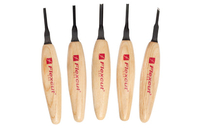 Flexcut 3 mm Mixed Profile Micro Tool Carving Set ~ MT930 - Made in USA ~ 5-piece Set ~ Blades are made of High Carbon Spring Steel, Tempered to HRC 59-61. The cutting edges are hand honed & polished ~ Micro Chisels ~ 6-piece set - 5-piece set - Includes Skew, Sweep, Deep U-Gouge, 45° V-Tool, & 90° V-Tool - Excellent for miniature & extra fine detail carving work ~ 651646309301