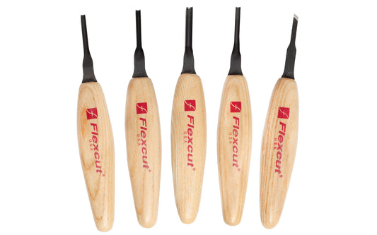 Flexcut 3 mm Mixed Profile Micro Tool Carving Set ~ MT930 - Made in USA ~ 5-piece Set ~ Blades are made of High Carbon Spring Steel, Tempered to HRC 59-61. The cutting edges are hand honed & polished ~ Micro Chisels ~ 6-piece set - 5-piece set - Includes Skew, Sweep, Deep U-Gouge, 45° V-Tool, & 90° V-Tool - Excellent for miniature & extra fine detail carving work ~ 651646309301