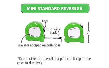 FastCap Mini Tape Measure - Model No. PSSR-6 MINI ~ Lefty / Righty style ~ High-contrast 5/8" wide blade ~ 6' long tape ~ Erasable notepad ~ Standard Reverse - Mini Green Tape Measure Fastcap - 2"  x  2" x  1" - 663807024992 - Fastcap Small Tape Measure - 6 feet long - Fastcap Minitape - Locks