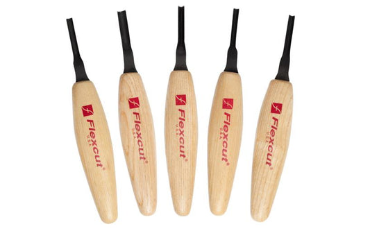 Flexcut 4 mm Mixed Profile Micro Tool Carving Set ~ MT940 - Made in USA ~ 5-piece Set ~ Blades are made of High Carbon Spring Steel, Tempered to HRC 59-61. The cutting edges are hand honed & polished ~ Micro Chisels ~ 5-piece set - 5-piece set - Includes Sweep, Deep U-Gouge, 45° V-Tool, 60° V-Tool, & 90° V-Tool - Excellent for miniature & extra fine detail carving work
