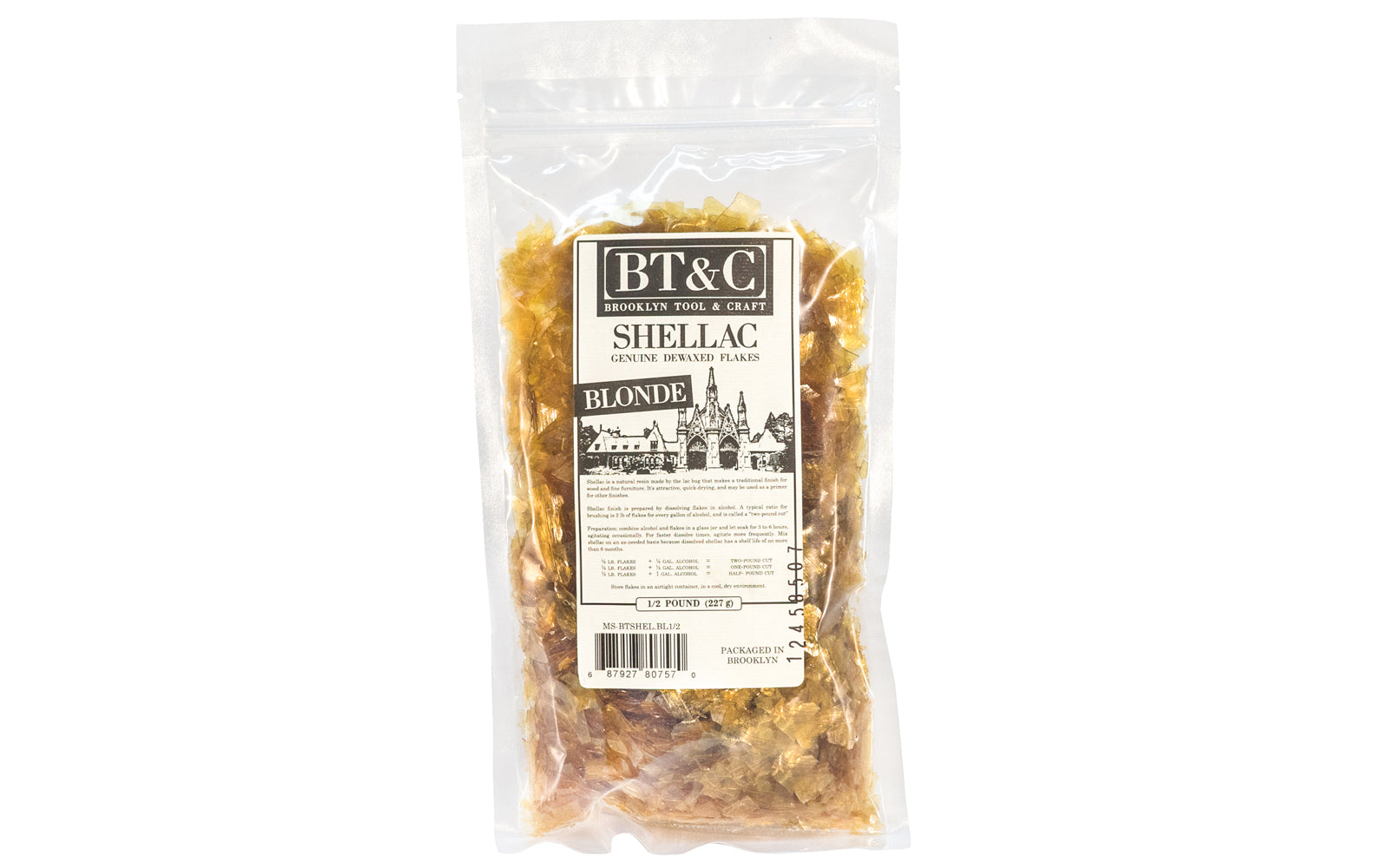 Dewaxed Blonde Shellac Flakes - 1/2 lb Bag - Makes a beautiful finish for wood, cork, plaster, & metal - Refined for a clear finish - Easily dissolves in alcohol - De-waxed flakes 
