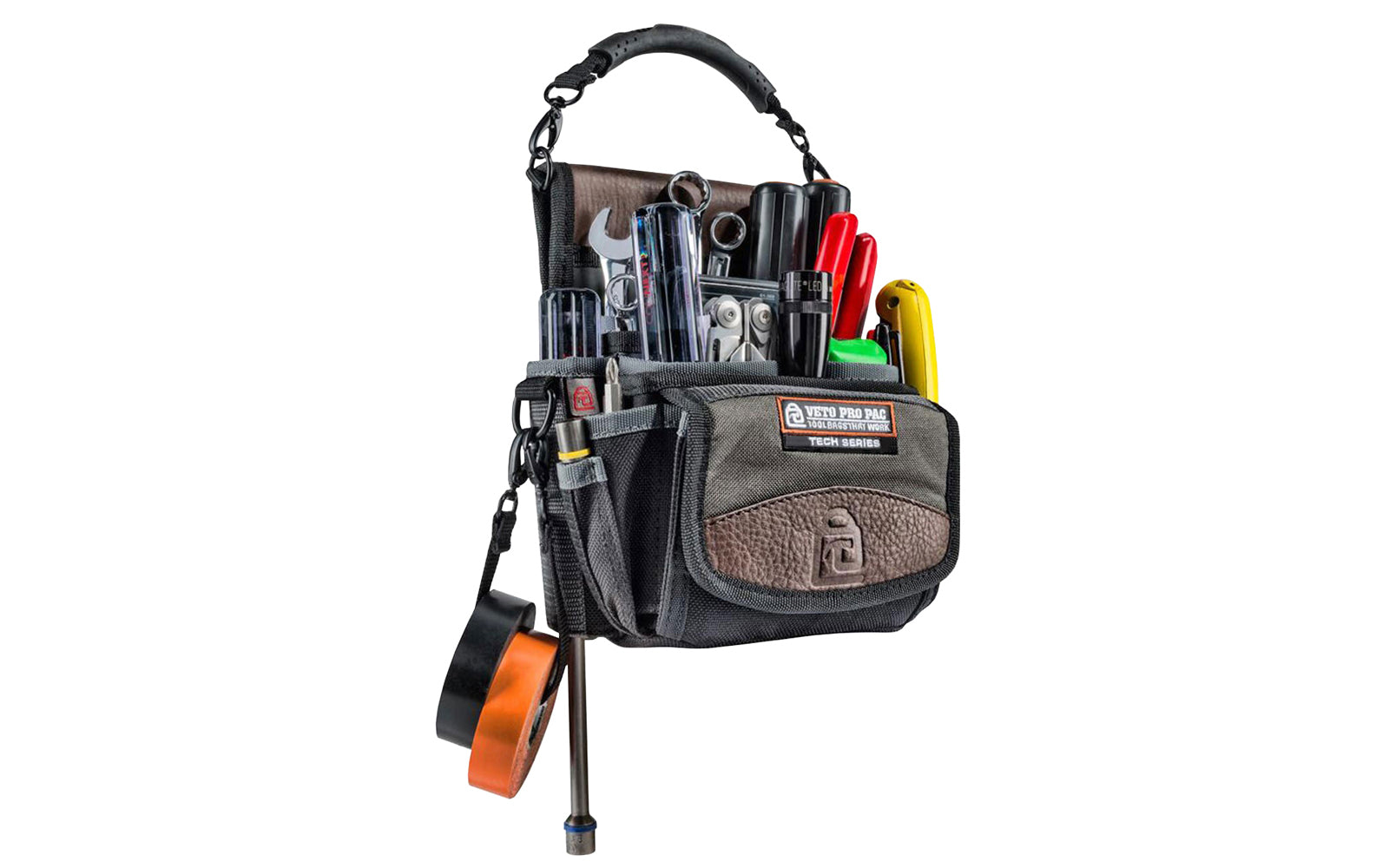 Veto Bags - Veto Pro Pac model TP4 - Leather Trim Panels - Detachable Rubber Handle - 851578000370 - Veto Pac Pac Tool Bag - TP4 Pouch - Meter Pouch - Bit extension pockets - D-ring clips - Shoulder strap - Features 20 pockets of various sizes including bit pockets - 20 pocket pouch -  diagnostics tool bag - Belt slot