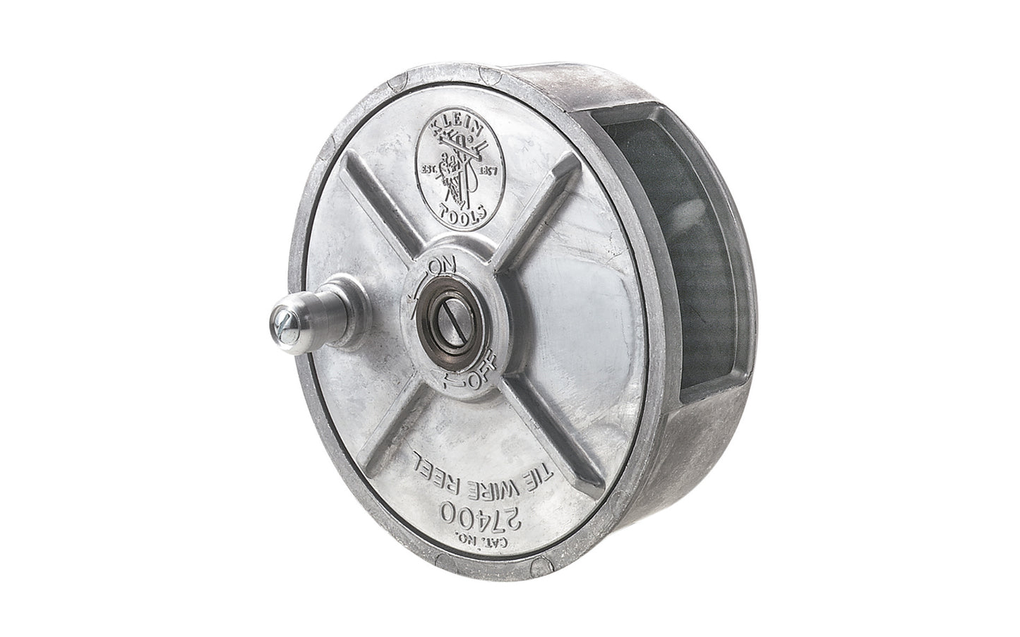 Klein Tools - Made in USA ~ Model 27400 - Load 12-18 gauge wire easily - Rugged, lightweight reel is smooth aluminum alloy with steel parts - Feeds pre-coiled wire smoothly, easily, & quickly to save time & reduce wasted wire - left or right hand use - Tie Wire Reel - rewind knob - Metal Tie Wire Reel - 6-1/2" diameter - 092644481901 