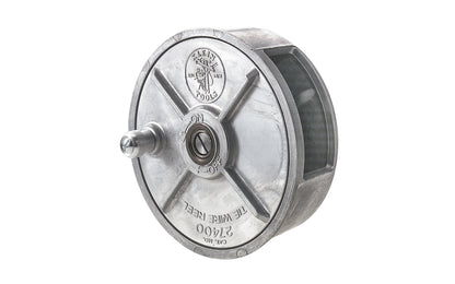Klein Tools - Made in USA ~ Model 27400 - Load 12-18 gauge wire easily - Rugged, lightweight reel is smooth aluminum alloy with steel parts - Feeds pre-coiled wire smoothly, easily, & quickly to save time & reduce wasted wire - left or right hand use - Tie Wire Reel - rewind knob - Metal Tie Wire Reel - 6-1/2" diameter - 092644481901 
