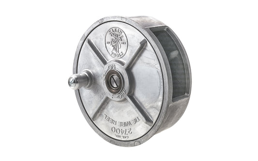 Klein Tools - Made in USA ~ Model 27400 - Load 12-18 gauge wire easily - Rugged, lightweight reel is smooth aluminum alloy with steel parts - Feeds pre-coiled wire smoothly, easily, & quickly to save time & reduce wasted wire - left or right hand use - Tie Wire Reel - rewind knob - Metal Tie Wire Reel - 6-1/2" diameter - 092644481901 