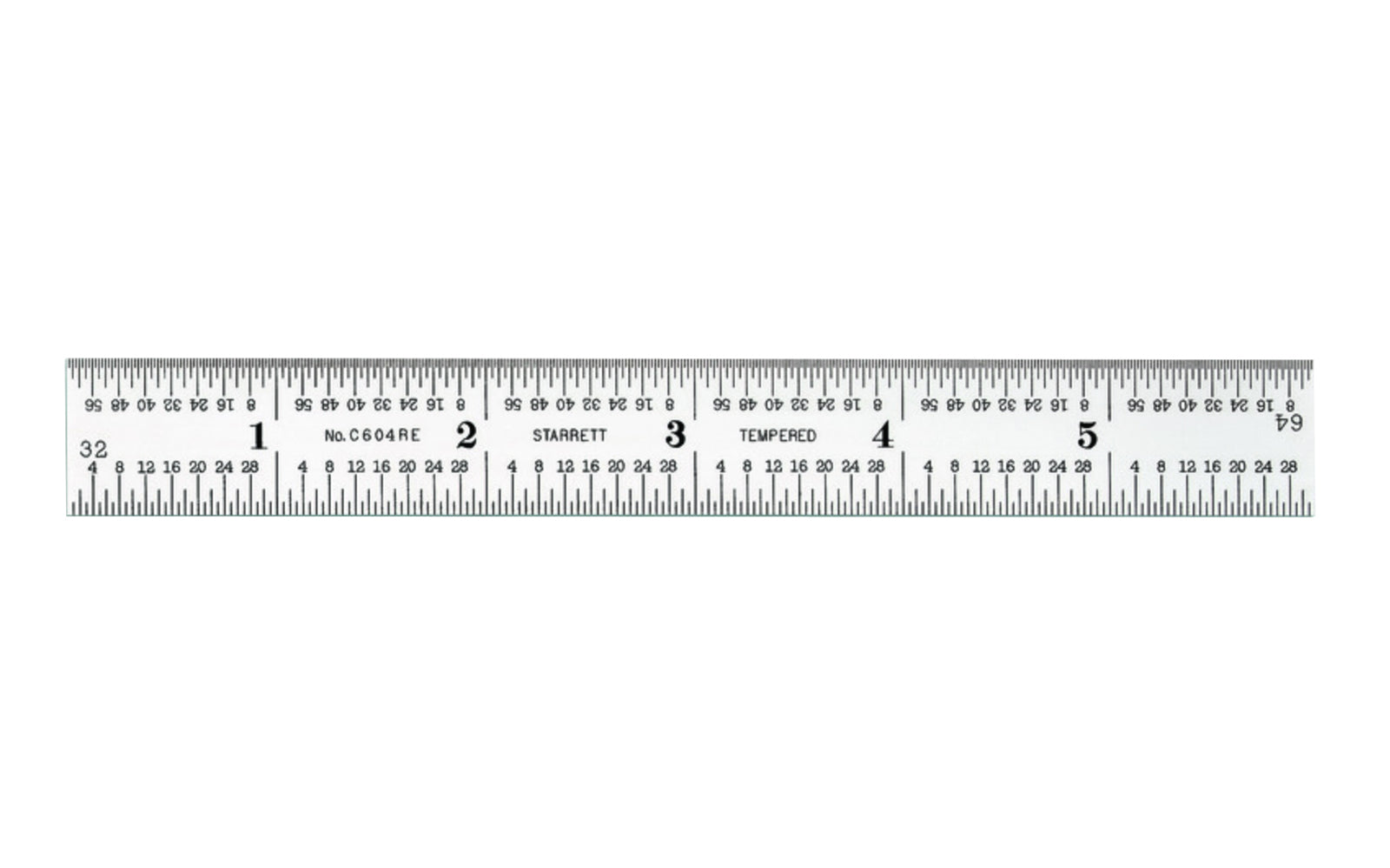 The Starrett 6" End Read Rule - 1/8, 1/16", 1/32", 1/64" Grads. Features a satin chrome finish. Includes end graduations.  Made in USA. Model C604RE-6. EDP 52660.