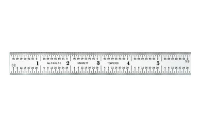 The Starrett 6" End Read Rule - 1/8, 1/16", 1/32", 1/64" Grads. Features a satin chrome finish. Includes end graduations.  Made in USA. Model C604RE-6. EDP 52660.