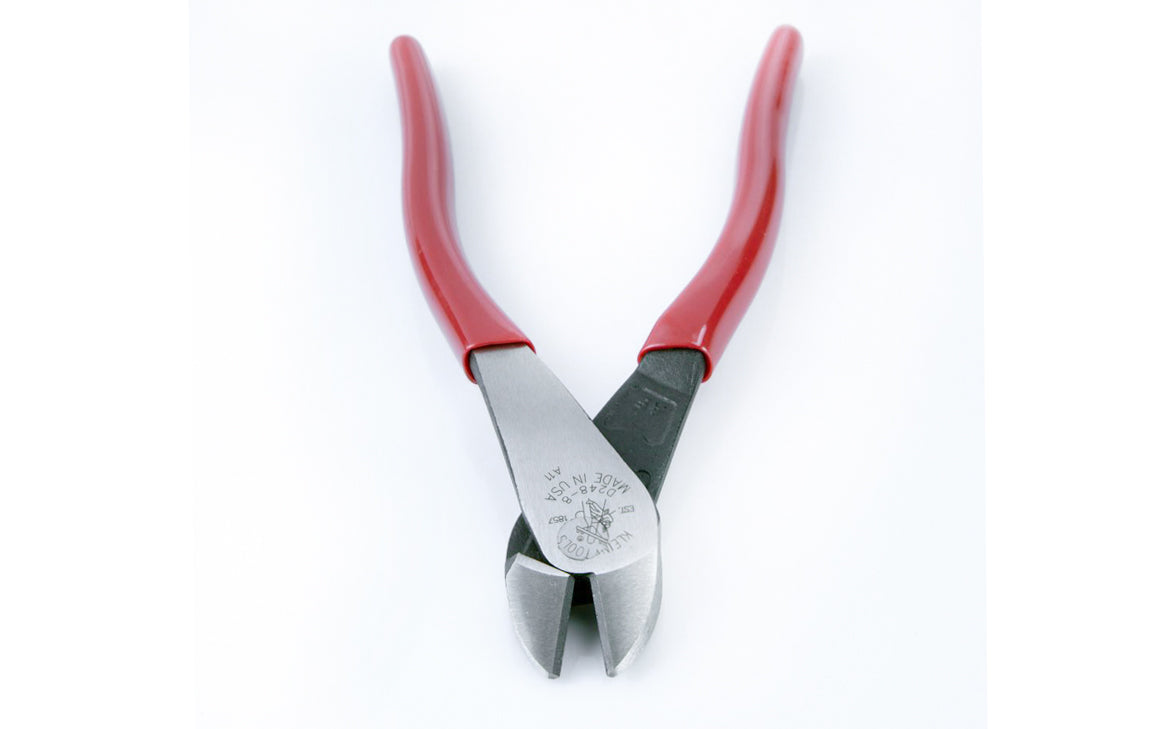 These Klein Tools 8" Diagonal Cutting Pliers with Angled Head D248-8 have a high-leverage for greater cutting power. The angled head design makes work easier in confined spaces. The hot-riveted joint ensures smooth action with no handle wobble. For non ferrous wire & soft metal cutting. 8" overall length. 092644720703