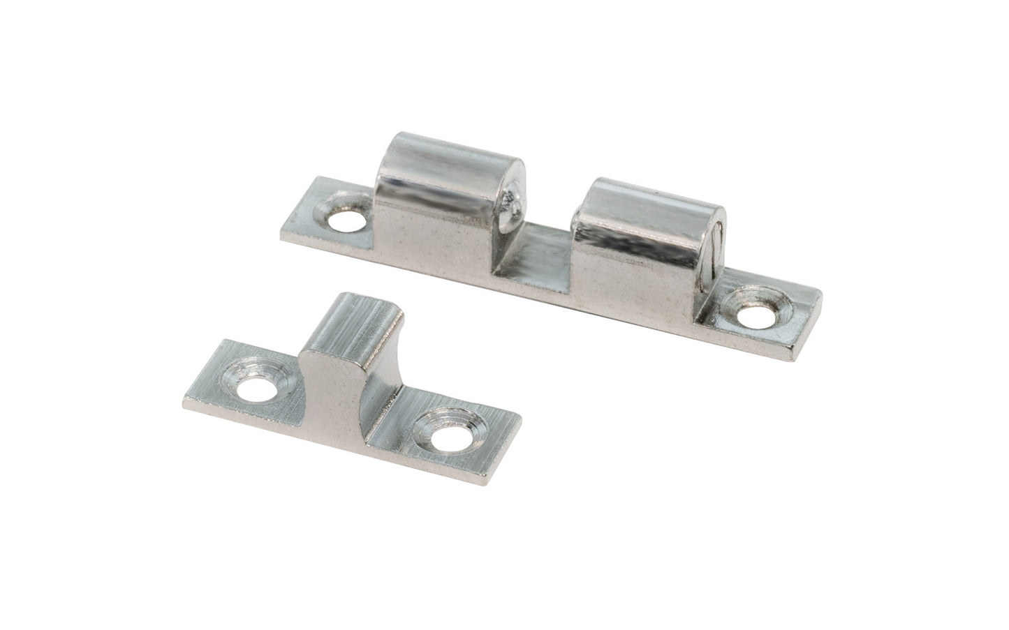 1-3/4" Nickel Finish Solid Brass Ball Catch. Countersunk holes. Adjustable tension. Screws not included. 1-3/4" overall length x 5/16" width.