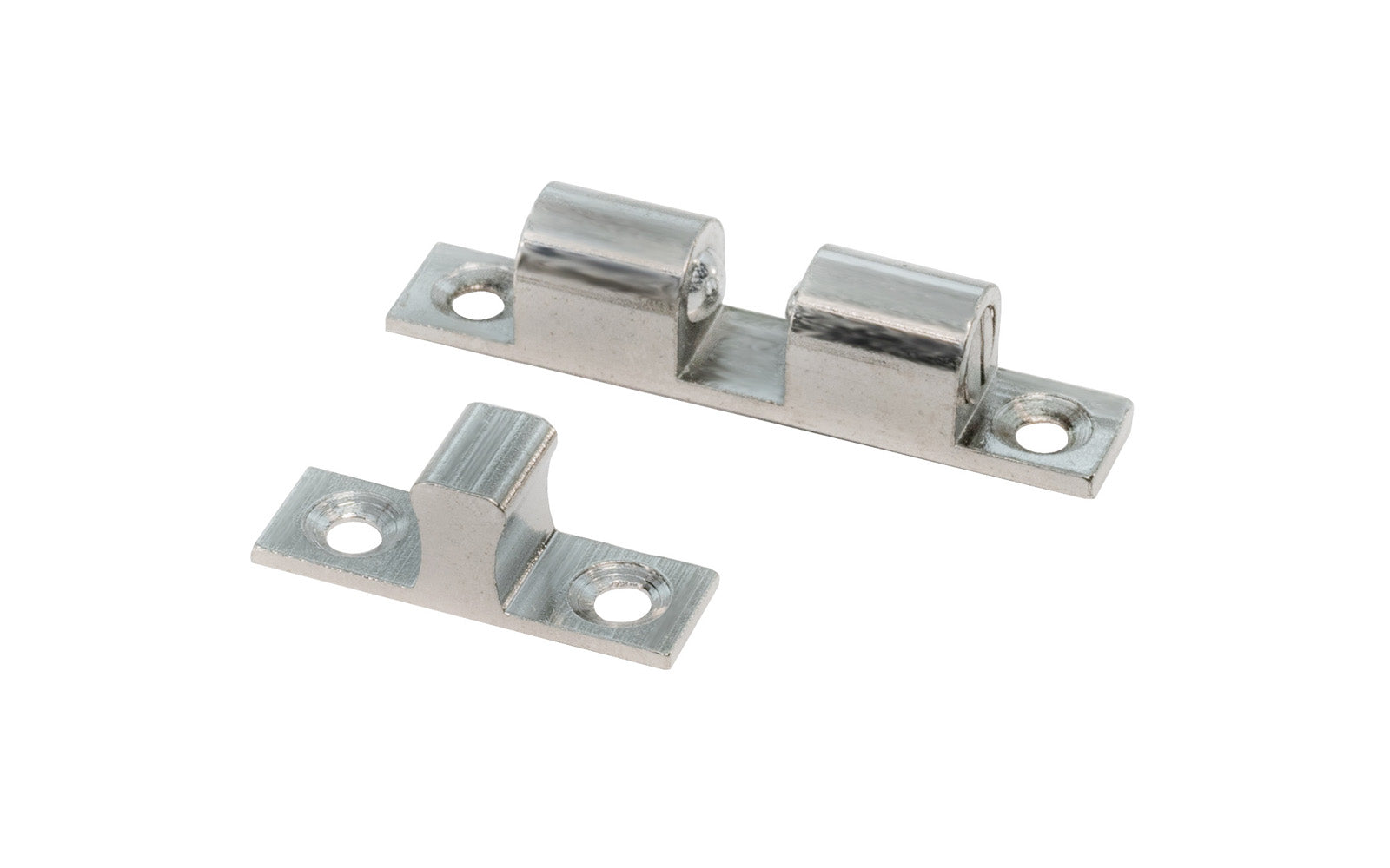 1-3/4" Nickel Finish Solid Brass Ball Catch. Countersunk holes. Adjustable tension. Screws not included. 1-3/4" overall length x 5/16" width.