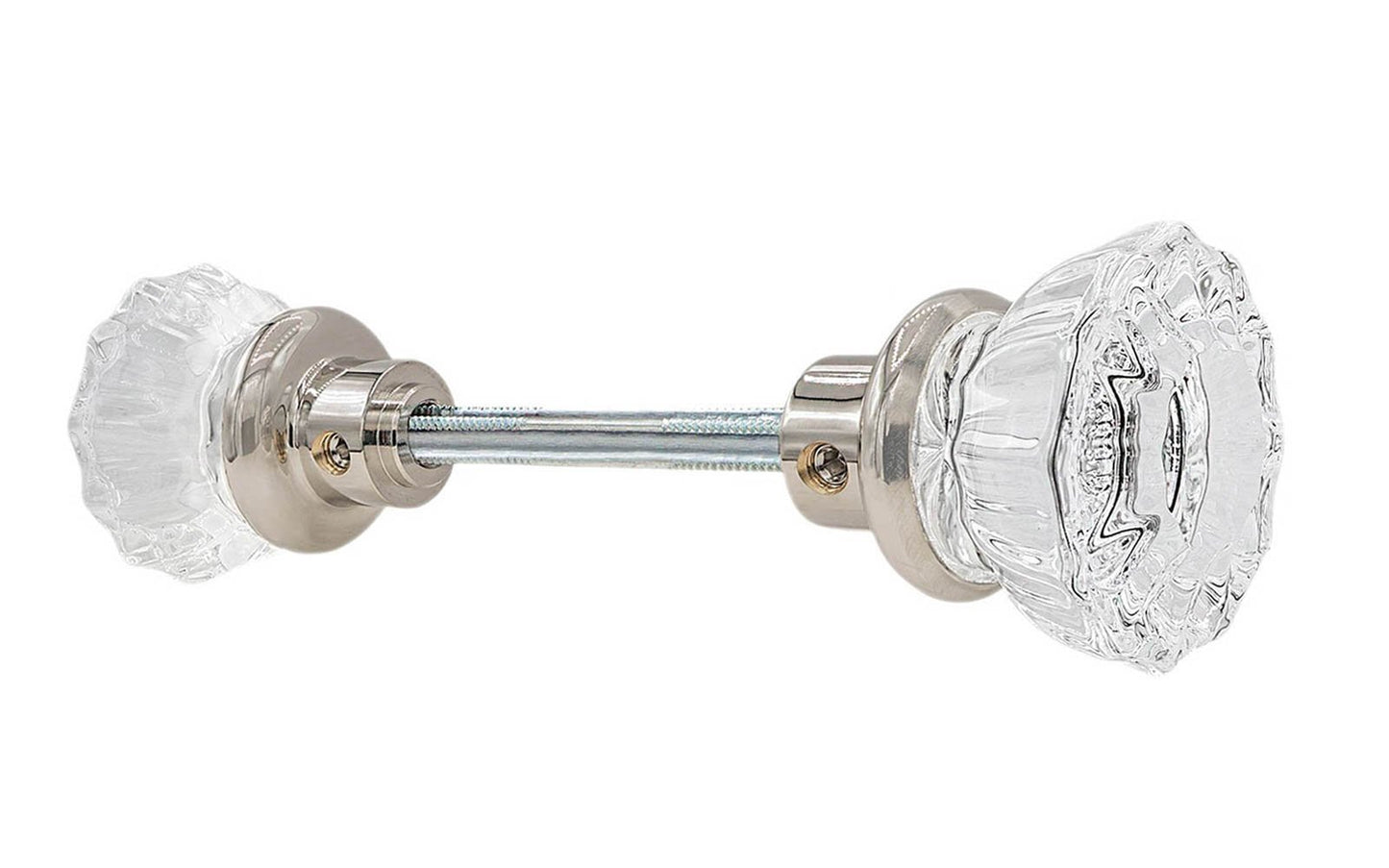 Pair of Classic Fluted Clear Glass Doorknobs with spindle. A high quality & genuine glass doorknob set with an attractive fluted design. The sparkling center point under glass amplifies reflected light to showcase beautiful facets. Solid brass base. Reproduction Glass Door Knobs. Traditional Fluted Glass Knobs. Polished Nickel Finish.