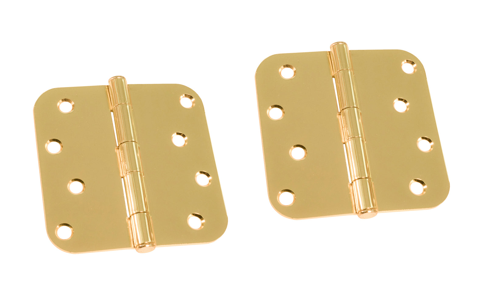 A pair of 4" Bright Brass Door Hinges with 5/8" radius corners & a removable pin. Bright Brass finish on steel material. Countersunk holes. Includes flat head screws. 4" x 4" door hinge size. Five knuckle, full mortise design. Ultra Hardware No. 35771.