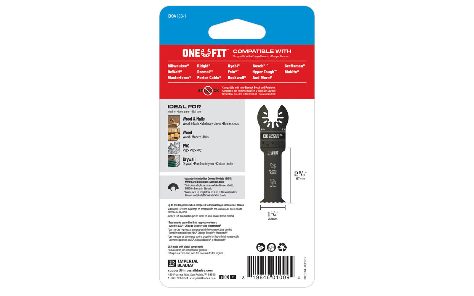 Imperial Blades "One Fit" 1-1/4" Extended Plunge Thick Wood Blade is a Bimetal blade with a long, thin blade specifically designed for cutting in hard-to-reach areas. Recommended applications: Wood & Nails, Wood, PVC. Model IBOA133. Great for undercutting door jambs & flush cutting tongue-and-groove. Long Blade