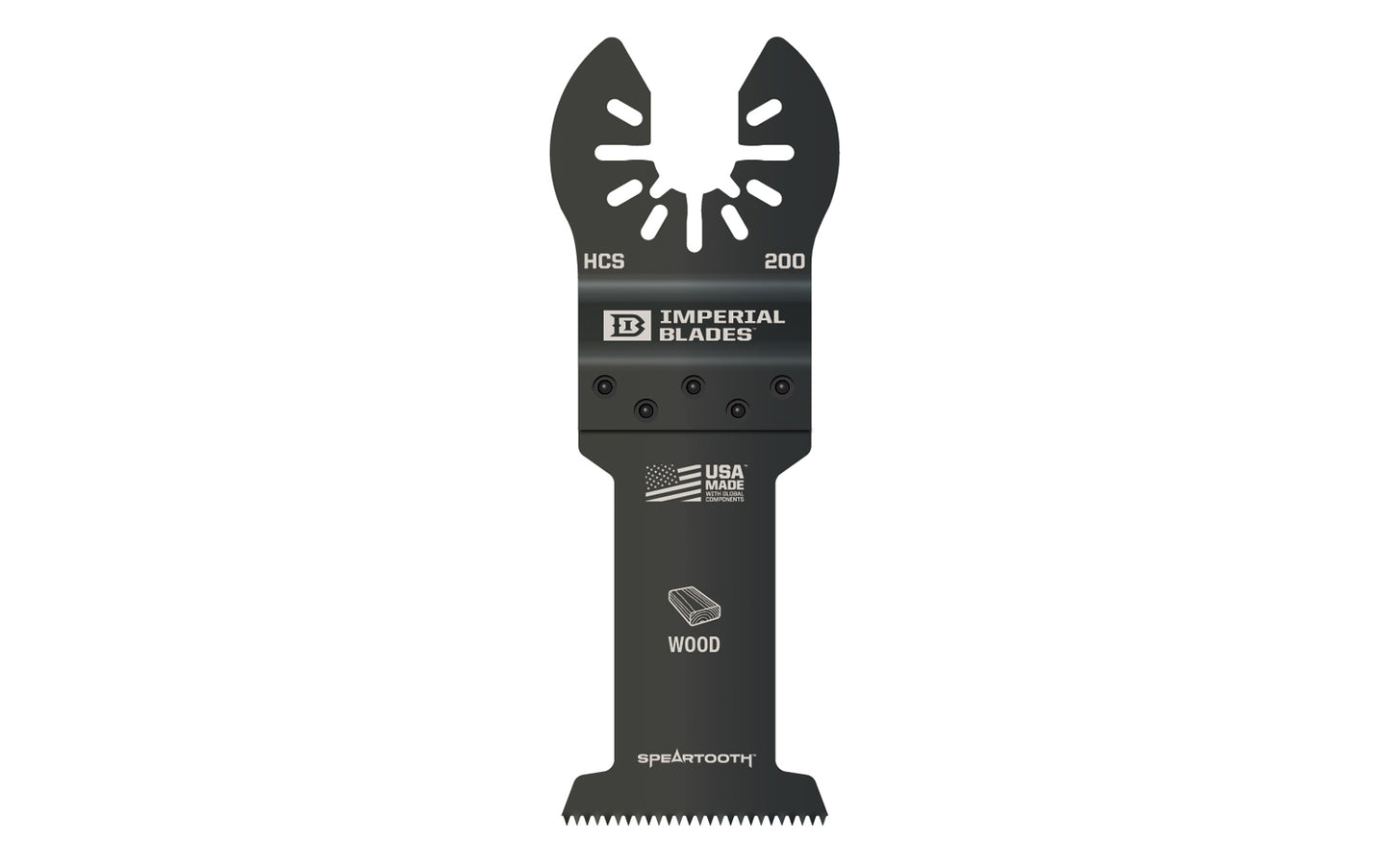 Imperial Blades "One Fit" 1-3/8" Speartooth Fast Cut Wood Blade. Re-engineered coarse tooth design delivers exceptionally fast, aggressive cuts. Recommended applications:  Wood, PVC, Drywall. Model IBOA200. Made in USA. 