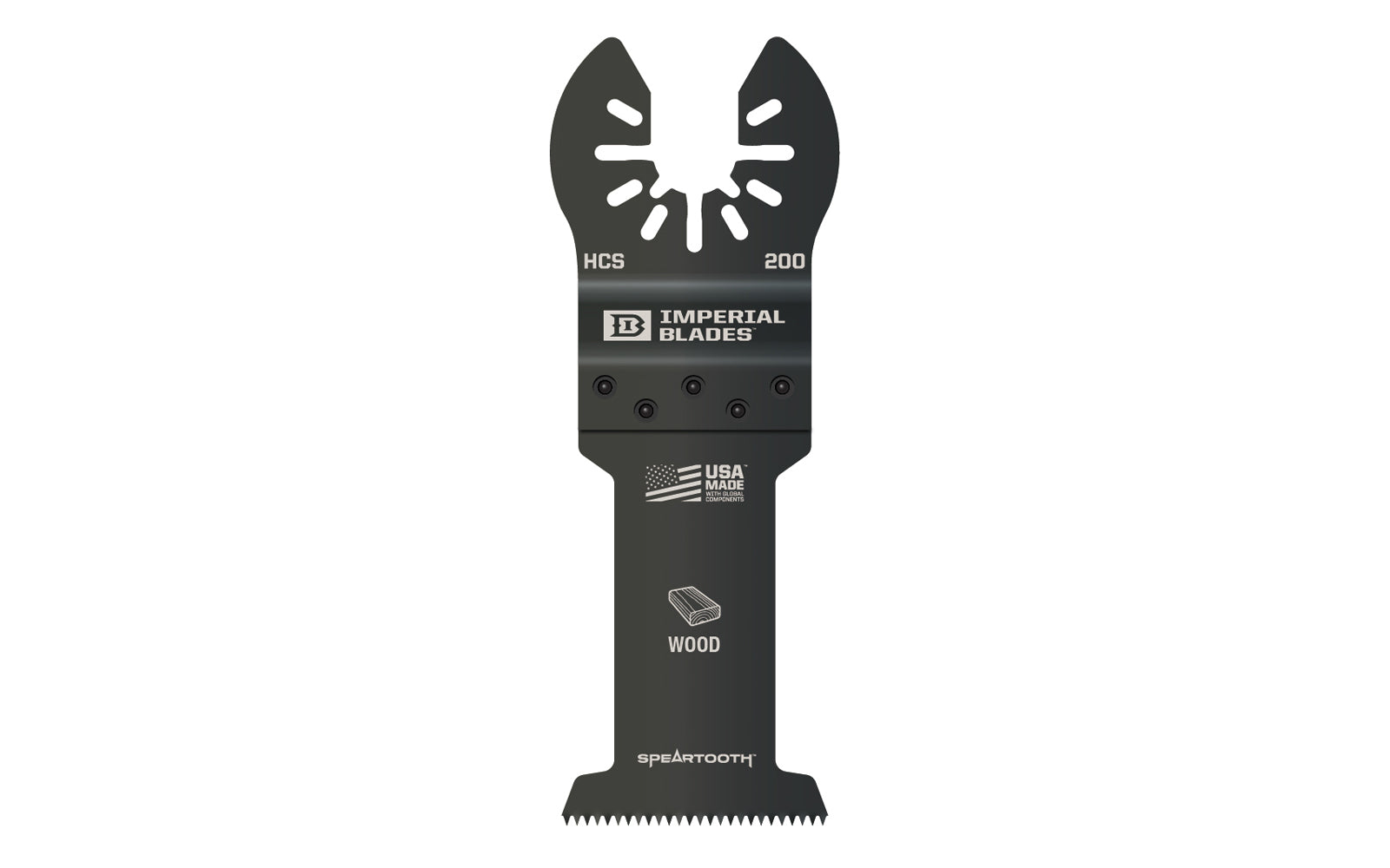 Imperial Blades "One Fit" 1-3/8" Speartooth Fast Cut Wood Blade. Re-engineered coarse tooth design delivers exceptionally fast, aggressive cuts. Recommended applications:  Wood, PVC, Drywall. Model IBOA200. Made in USA. 